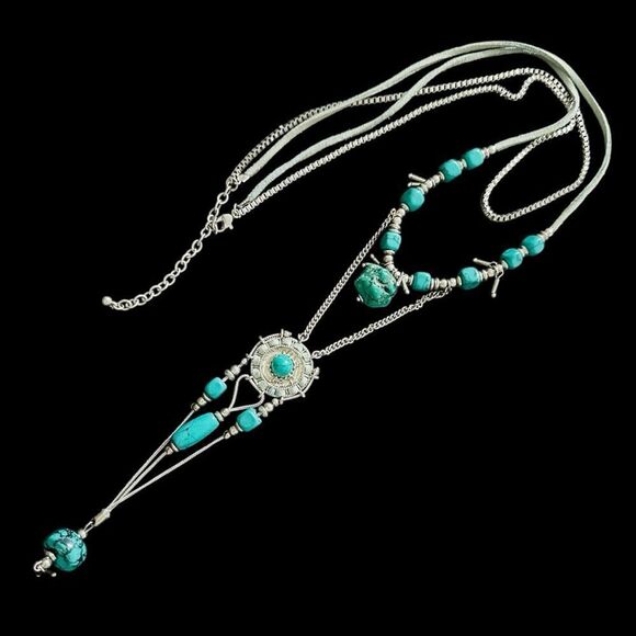 Silver Toned Faux Turquoise Stone Necklace Western Boho Leather Rawhide - Picture 1 of 10